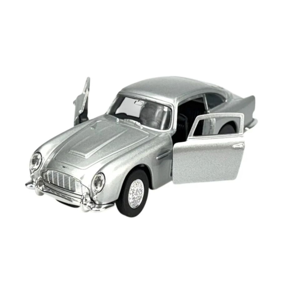 Aston Martin DB5 1964 srebrny samochód metalowy model kolekcjonerski Welly z otwieranymi drzwiami