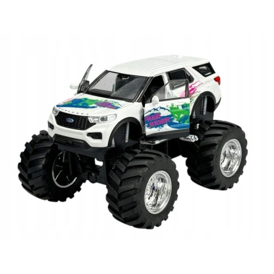 Biały samochód metalowy Ford Explorer 2023 Monster Truck Welly z dużymi kołami i otwartymi drzwiami