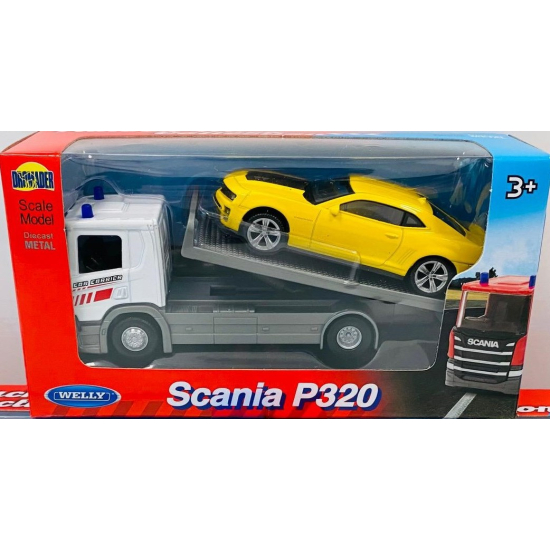 Samochód tir metalowy Scania P230 laweta z samochodem 2668