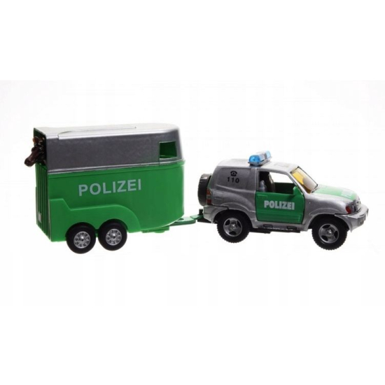Samochód policyjny Polizei z kogutem i zieloną przyczepą do transportu koni zabawka dla dziec