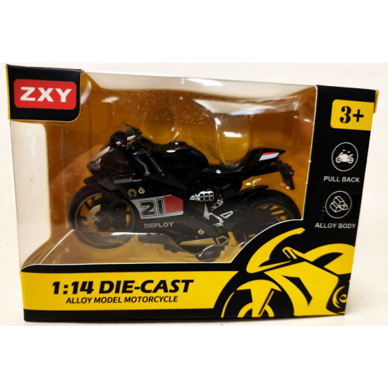 Model sportowego motocykla ZXY Die-Cast 1:14 w pudełku – czarny motor