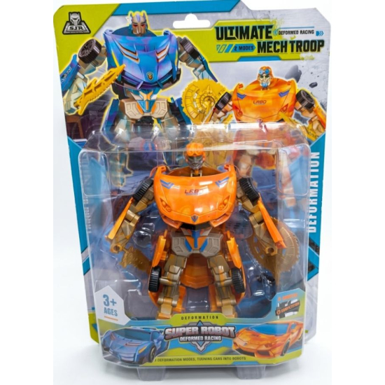 Pomarańczowy robot zabawka Ultimate Mech Troop transformujący się w sportowy samochód w przezroczystym opakowaniu