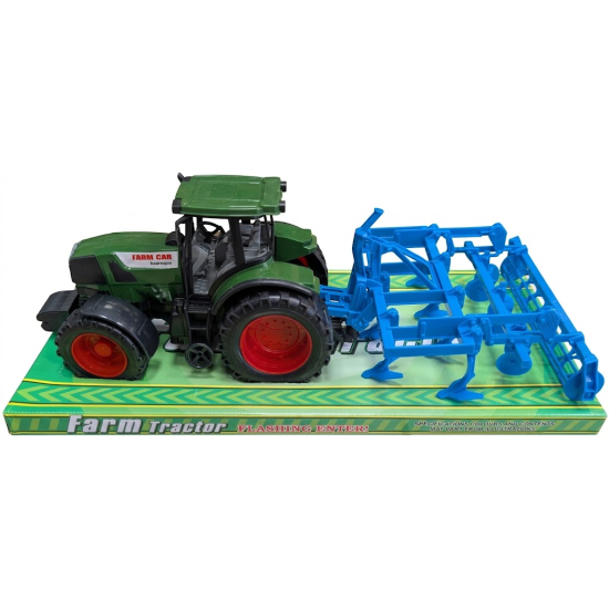 Zielony traktor rolniczy Farm Car z niebieską maszyną uprawową i agregatem talerzowym na podstawce