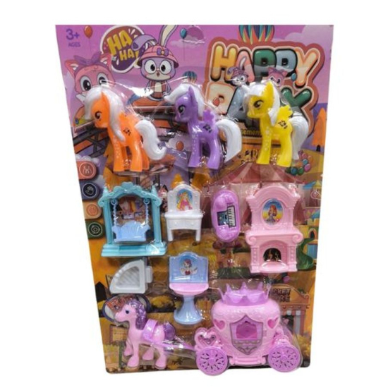 Kompletny zestaw koników z karocą i mebelkami w kolorowym opakowaniu