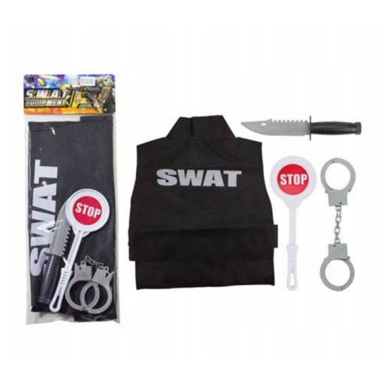 Zestaw policjanta dla chłopca – kamizelka, kajdanki i lizak w zestawie.