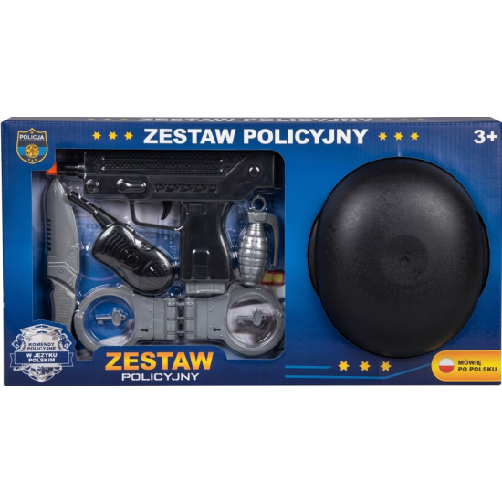Kompletny zabawkowy zestaw policyjny w pudełku zawierający czarny kask, karabin maszynowy, kajdanki, granat i krótkofaló