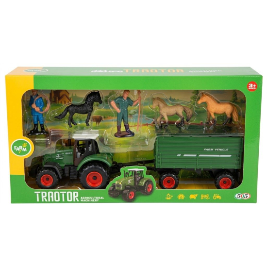 Zestaw Rolniczy Farma: Traktor Ciągnik z Przyczepą Burtową, Figurki Farmerów i 3 Konie
