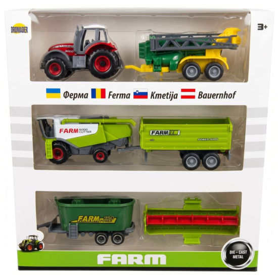 Zestaw rolniczy Farma Dromader z czerwonym traktorem, sieczkarnią, opryskiwaczem i przyczepami w opakowaniu