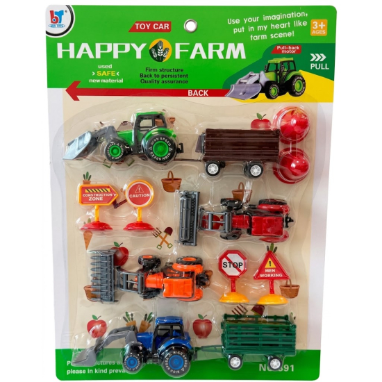 Duży zestaw rolniczy Happy Farm z traktorami, przyczepami i znakami drogowymi w opakowaniu