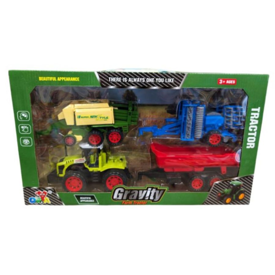 Zestaw rolniczy Gravity Farm Tractor w pudełku z okienkiem – traktor z łyżką, czerwona przyczepa wywrotka, niebieski agr