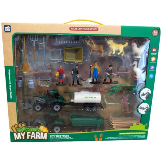Bogaty zestaw rolniczy Welcome to My Farm w opakowaniu – 2 zielone traktory z ładowaczem, beczkowóz, przyczepa, figurki