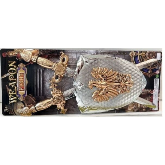 Zestaw rycerza Weapon Fight ze srebrną tarczą z orłem i dwoma złotymi mieczami