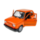 Pomarańczowy Fiat 126p Maluch Welly skala 1:21 z uchylonymi drzwiami, widok od przodu