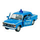 Niebieski model samochodu Fiat 125p Milicja Welly z otwartymi przednimi drzwiami widok z przodu