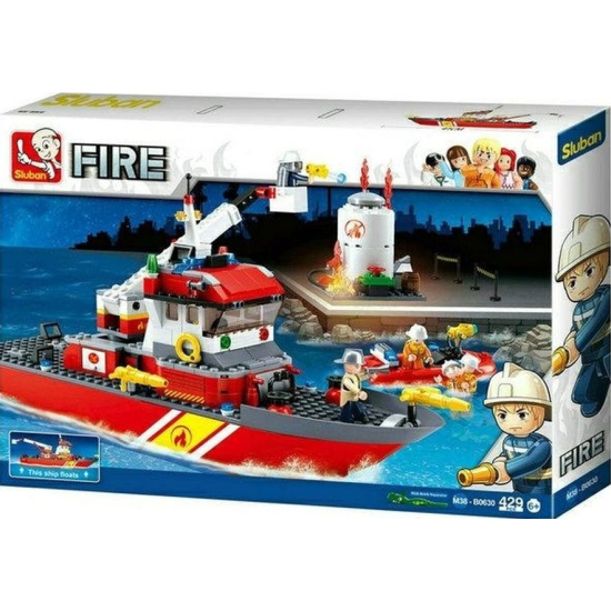 Model łodzi strażackiej z klocków Sluban B0630 z wysięgnikiem i armatkami wodnymi
